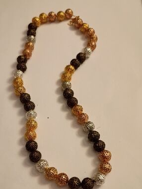 Multitone Filigree Bead Necklace - Gold, Silver, Brown